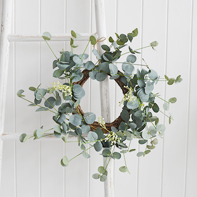 Artificial Eucalyptus wreath. Simple greenery to add to New England styled interiors for coastal, country, city and farmhouse homes